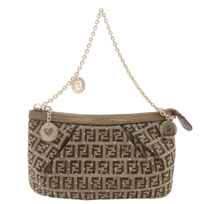 Affordable designer bag dupesFENDI Zucchino Canvas Leather Chain Bag Pouch Brown 8BR594