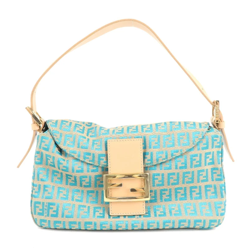 Crossbody bags for everyday useFENDI Zucchino Mamma Baguette Canvas Leather Bag Blue Beige 8BR003