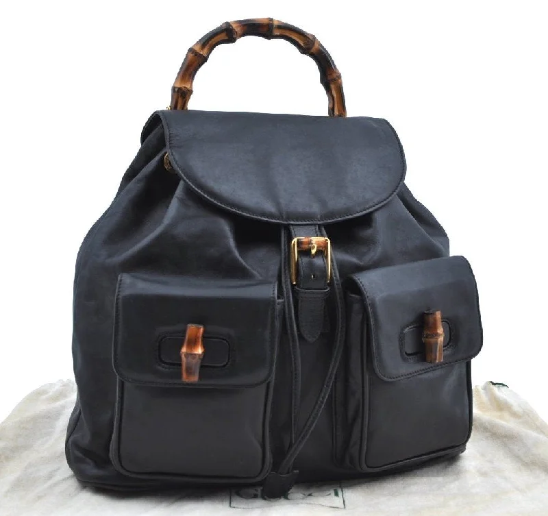 Crossbody bags for everyday useAuthentic GUCCI Bamboo Backpack Leather Black K4530