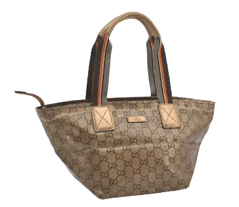 Durable leather bags for daily useAuthentic GUCCI GG Crystal Hand Tote Bag GG PVC Leather 131228 Gold 5465I