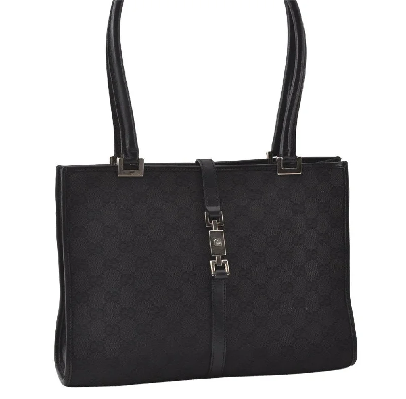 Designer bags with gold hardwareAuthentic GUCCI Jackie Shoulder Hand Bag GG Canvas Leather 0021073 Black 4235I