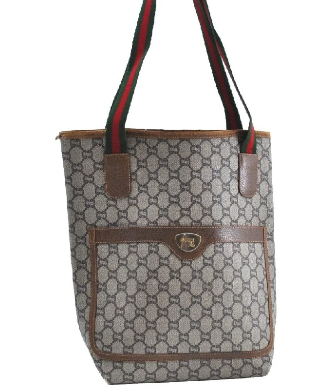 Designer bags with top handlesAuthentic GUCCI Web Sherry Line GG Plus Tote Bag PVC Leather Brown K5848