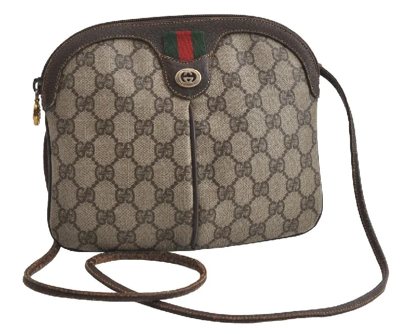 Affordable luxury bags Authentic GUCCI Web Sherry Line Shoulder Cross Bag GG PVC Leather Brown 4204I