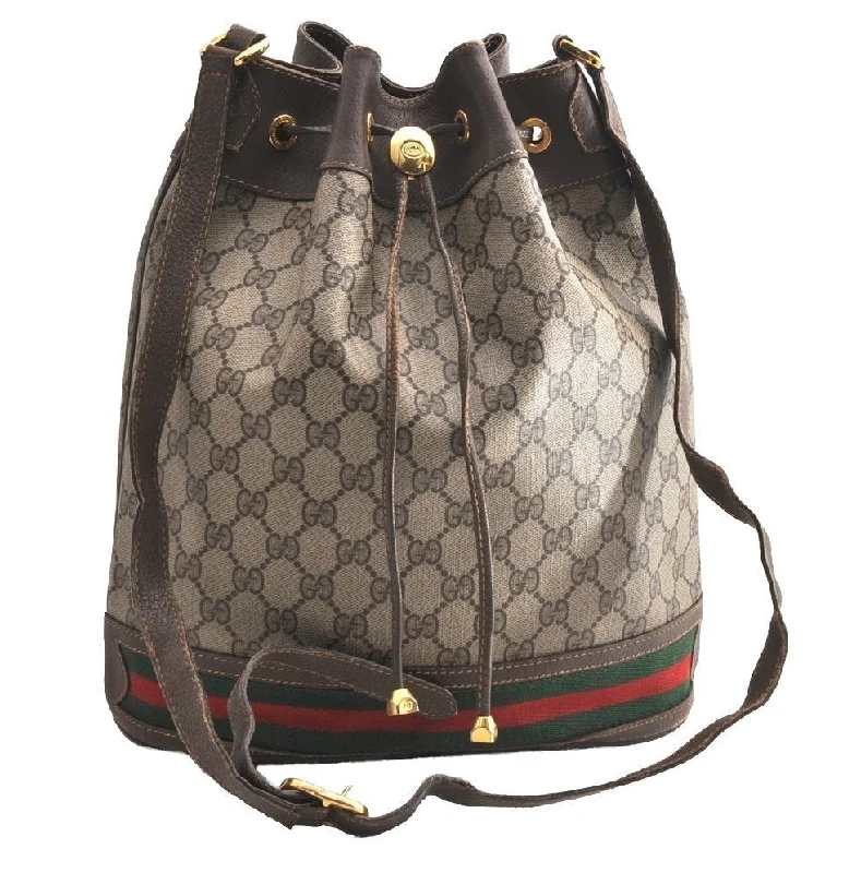 Vegan leather handbagsAuthentic GUCCI Web Sherry Line Drawstring Bag GG PVC Leather Brown Junk 5801I